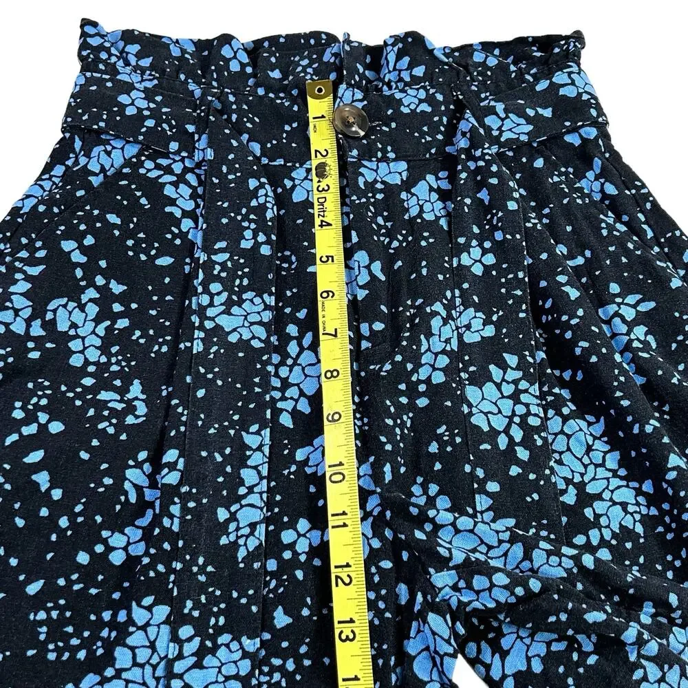 Who What Wear Paper Bag Shorts Size 2 Black Blue Coastal Linen Rayon Belted